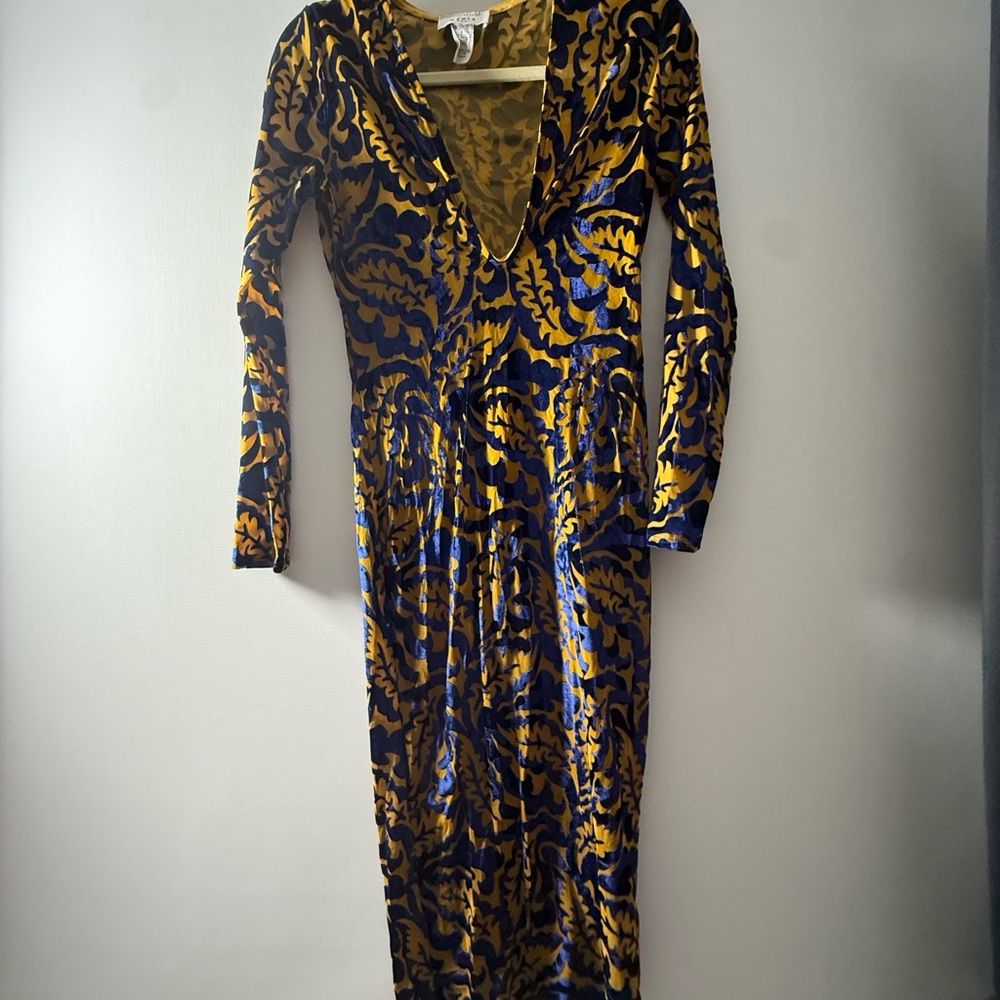 Elegant Blue and Gold Velvet Mesh Dress
